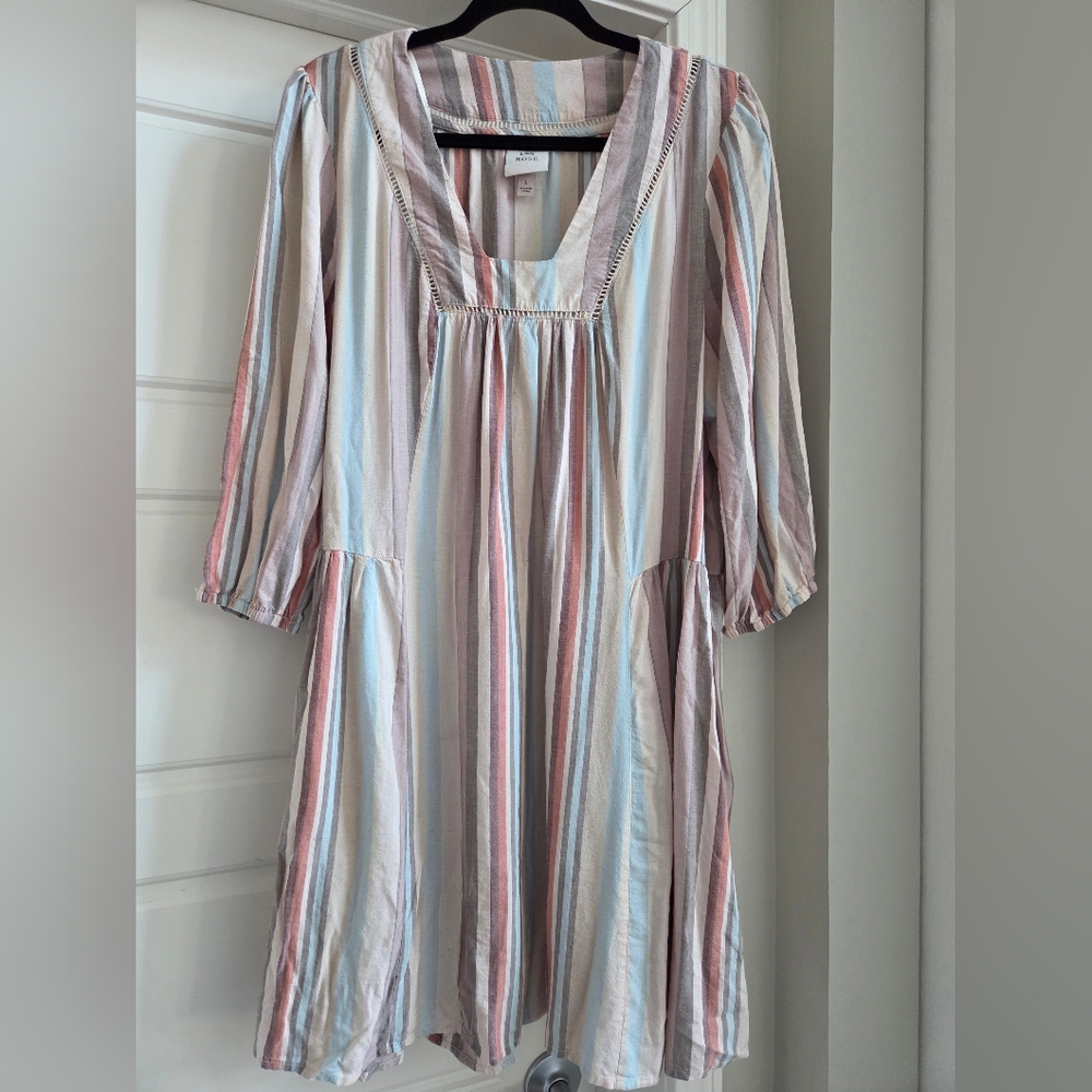 Knox Rose Multicolor Striped Rayon & Linen Boho 3/4 Sleeve Dress